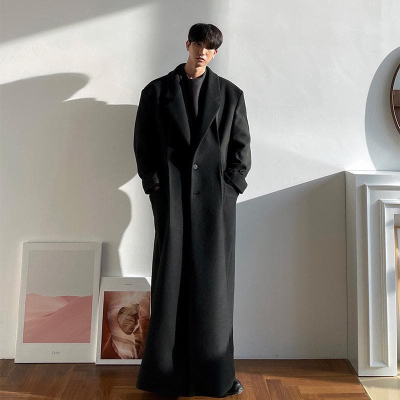 Autumn Winter Extra Long Warm Black Loose Casual Wool Blends Coat Men Floor Length Overcoat Korean Fashion XL black