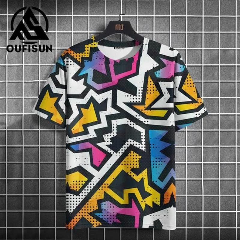 Graffiti Men's T Shirt Summer Colorful Print Short Sleeve Top Tees Oversized O-Neck Pullover Outdoor Casual Clothing With New L