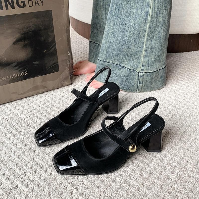 Summer New Type Straight Belt Metal Buckle Square Head Splicing Coarse Heel Baotou Sandals Women's Back Empty Single Shoes 42 black