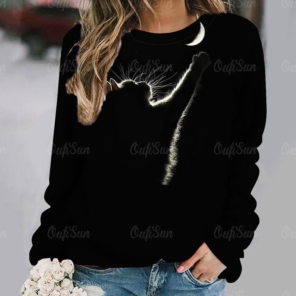 Women Long Sleeve T Shirt Kawaii Cat Graphic 3d Print Tees Harajuku Casual Tops Autumn O Neck Pullover Female Loose Clothing 6XL