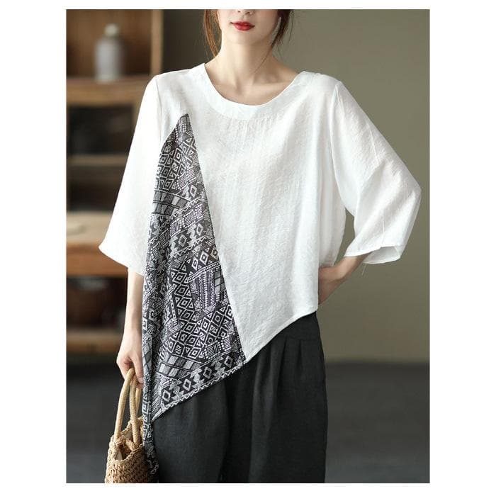 Spring and Autumn Large Size Loose Temperament Casual and Fashionable Age-reducing Five-Pin Sleeve Round Neck Cotton and Line Top 4XL white
