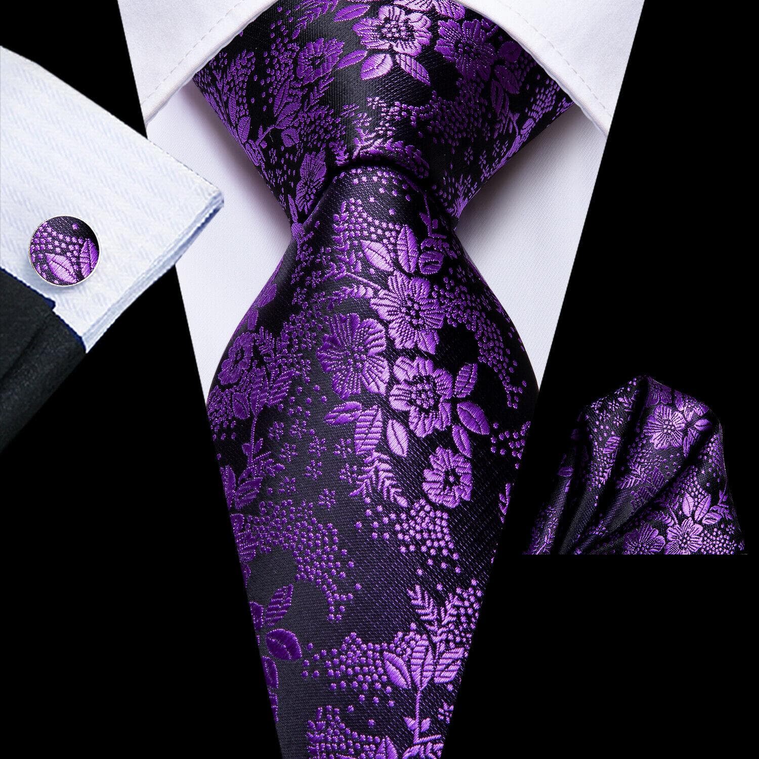 Hi-Tie Mens Accessories Silk Tie Handkerchief Cufflinks Set for Wedding Party Floral Solid Necktie N-3022