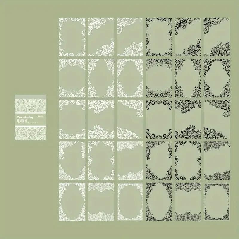 30pcs, Vintage Style Black And White Lace Stickers Book DIY Diary Junk Journal Decoration Collage PET Sticker Album Scrapbooking