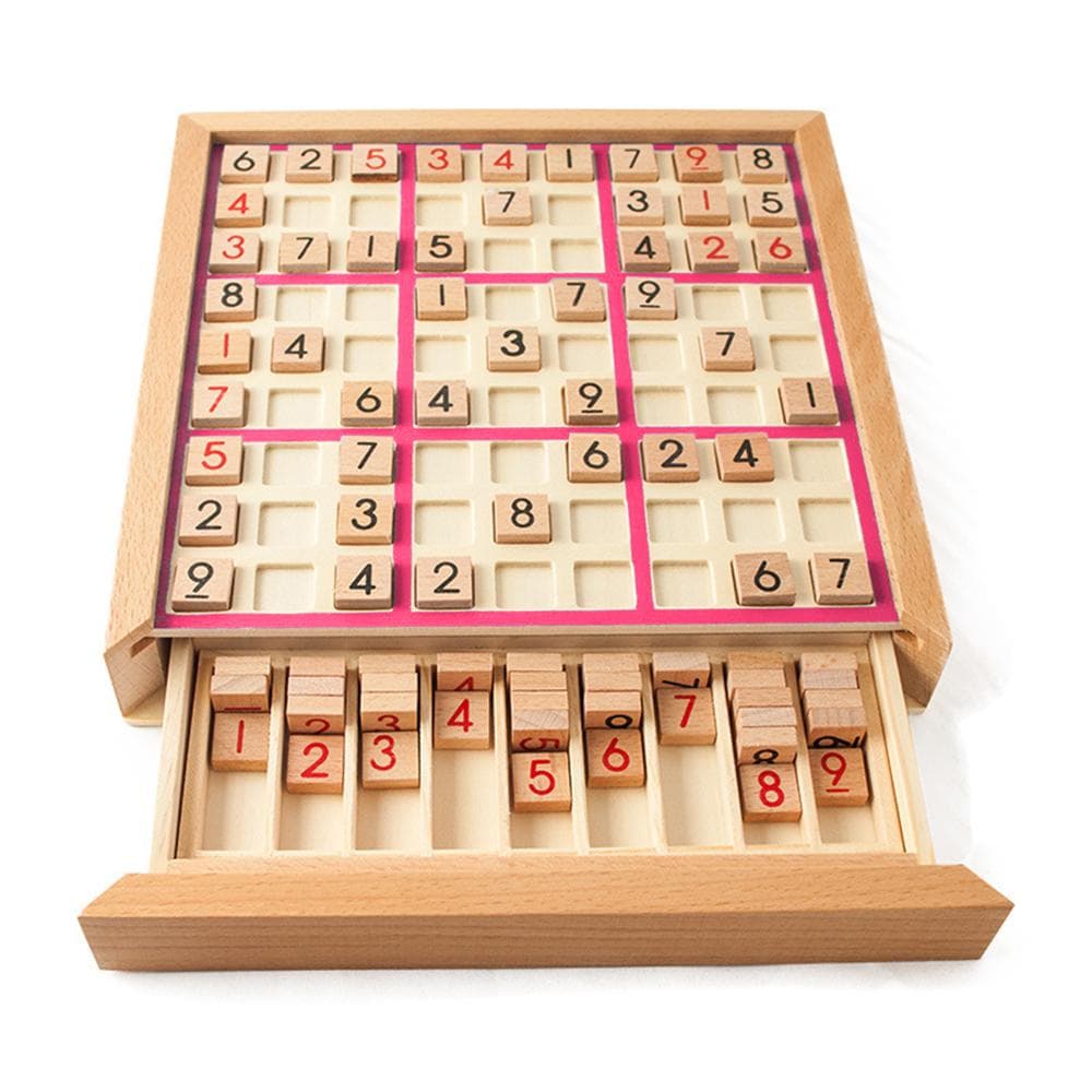 Wooden Sudoku Puzzle Board Wood Sudoku Game Set with Drawer Math Brain Teaser Desktop Toys pink