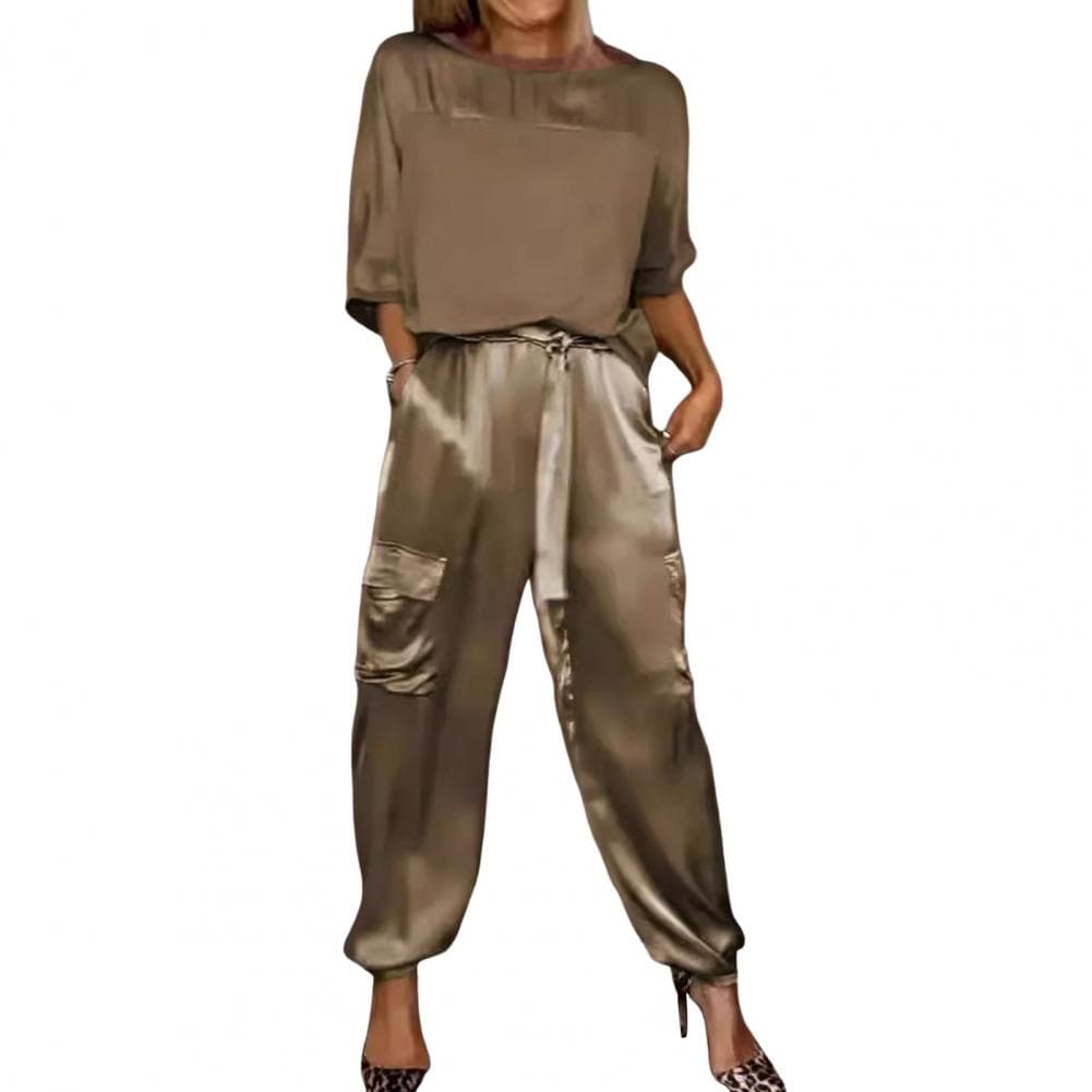 Women Commuter Outfit Elegant Satin Women's Pantsuit Set with Lace-up Detail Pockets Stylish O Neck Top Trouser for Casual XL coffee