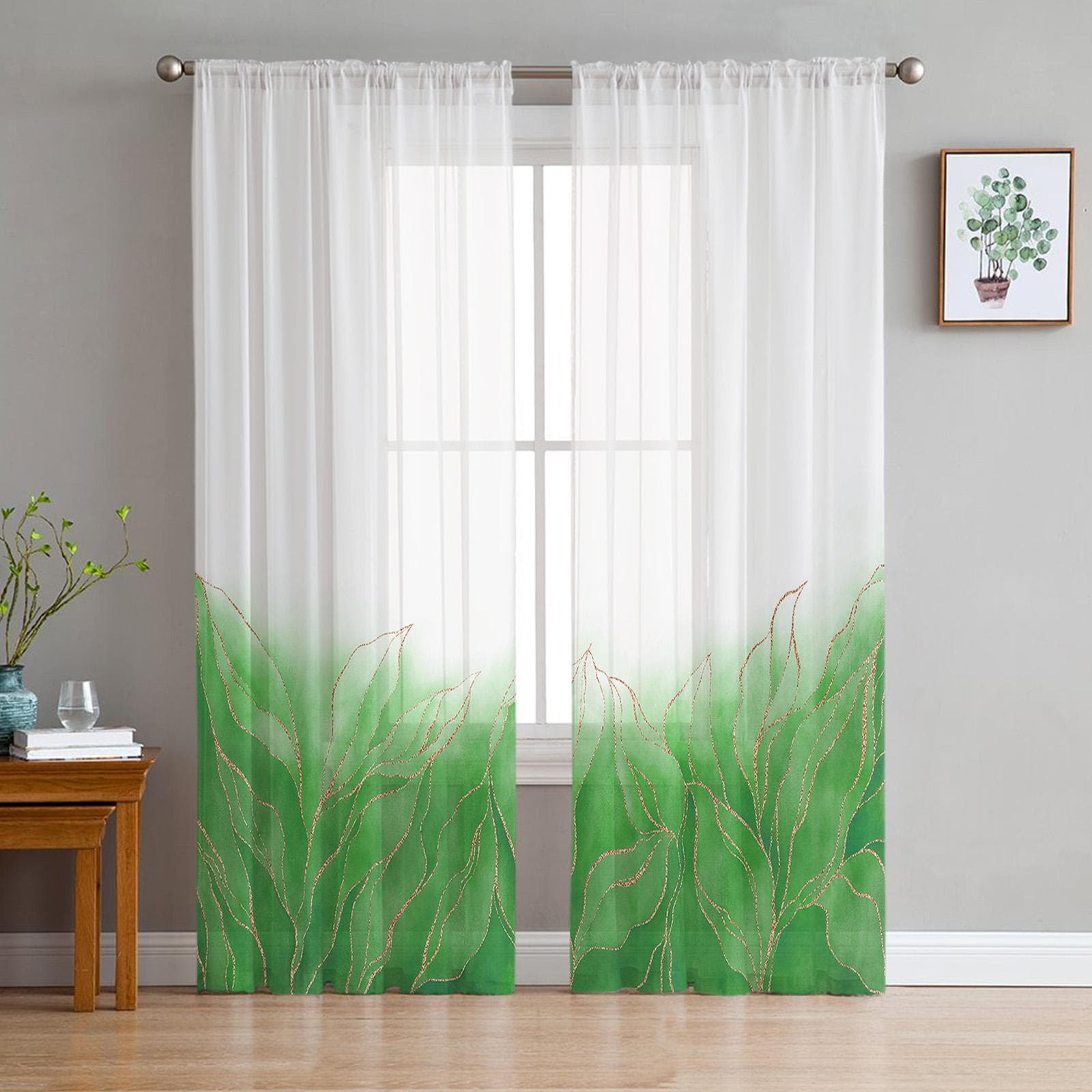 Geometric Abstract Gradient Leaf Green Voile Sheer Curtains Living Room Window Tulle Curtain Kitchen Bedroom Drapes Home Decor 135W x 114H(cm)