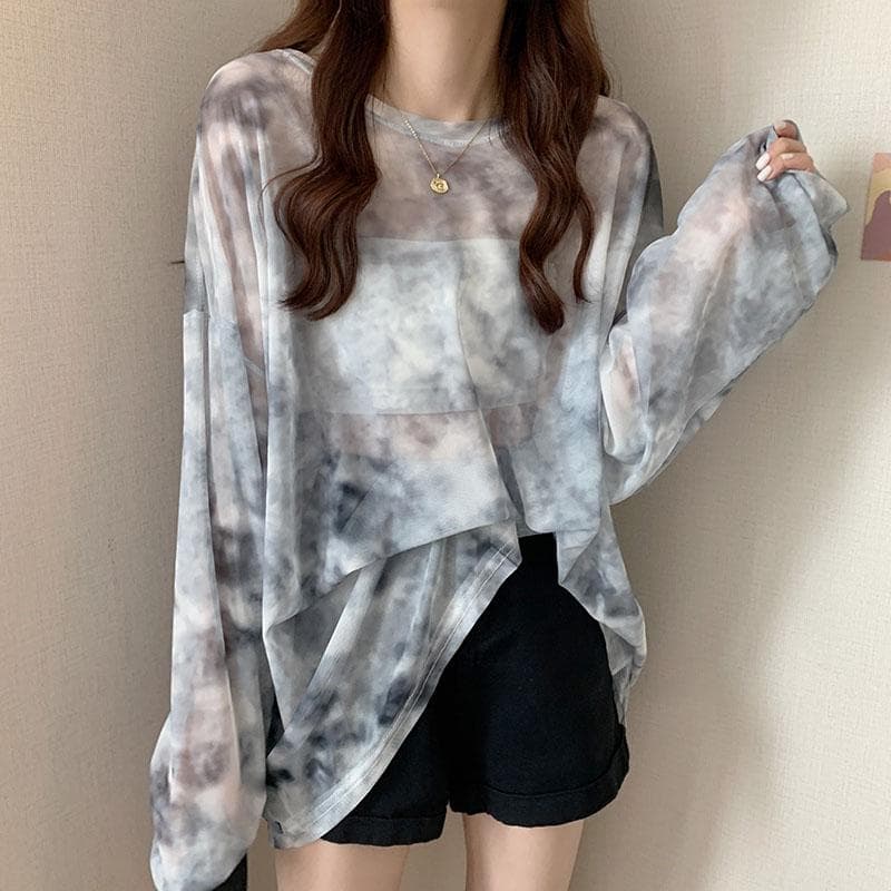 summer perspective tie dyed mesh sunscreen top for women's thin ice silk long sleeved T shirt cover up women Beach T-shirts M gray