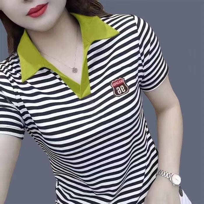 Polo Shirt Short-sleeved T-shirt Women's Summer New Striped Slim and Fashionable Versatile Top 5XL
