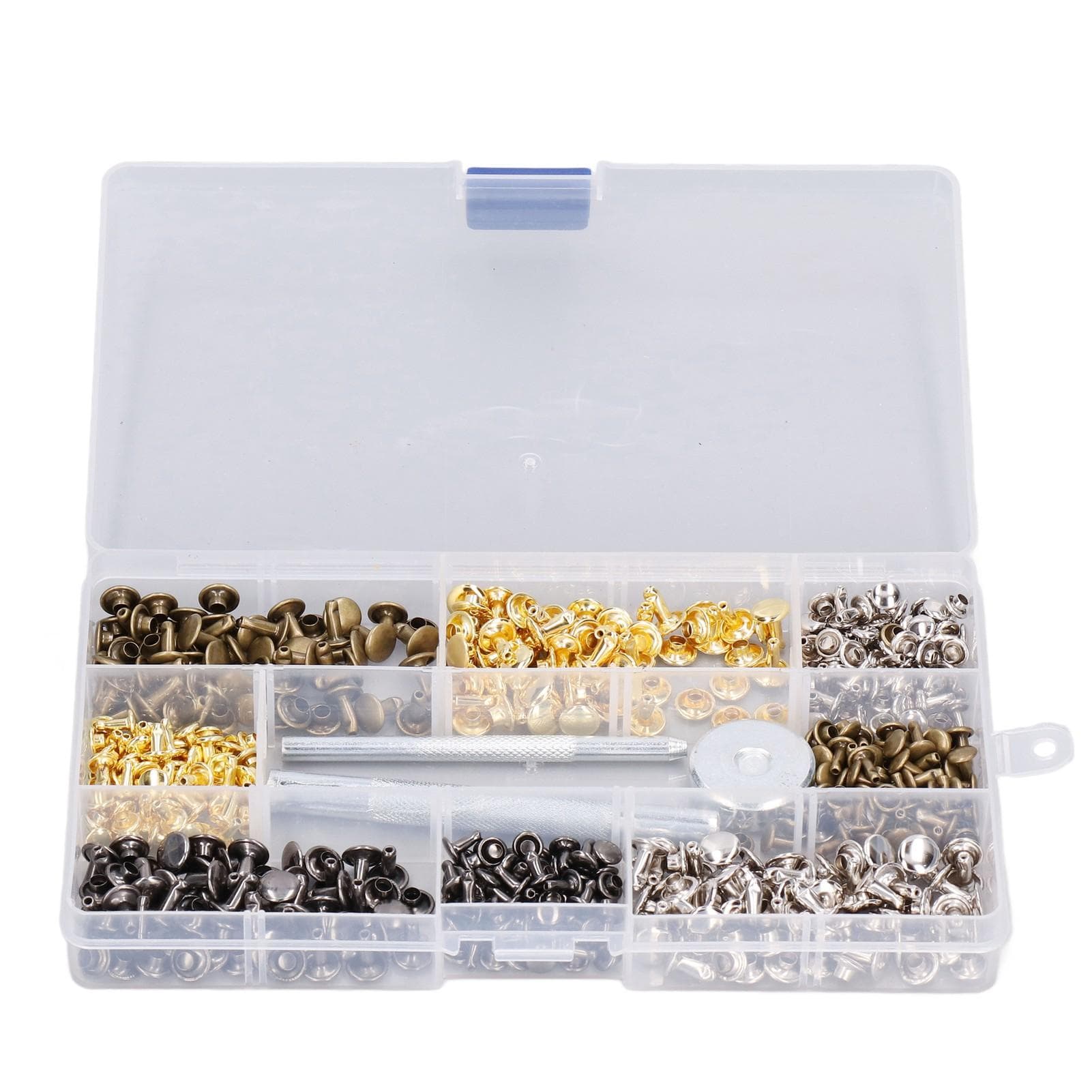 240Pcs Leather Rivet Double Caps Tubular 2 Sizes Metal Set Kit with Fixing Tool for DIY