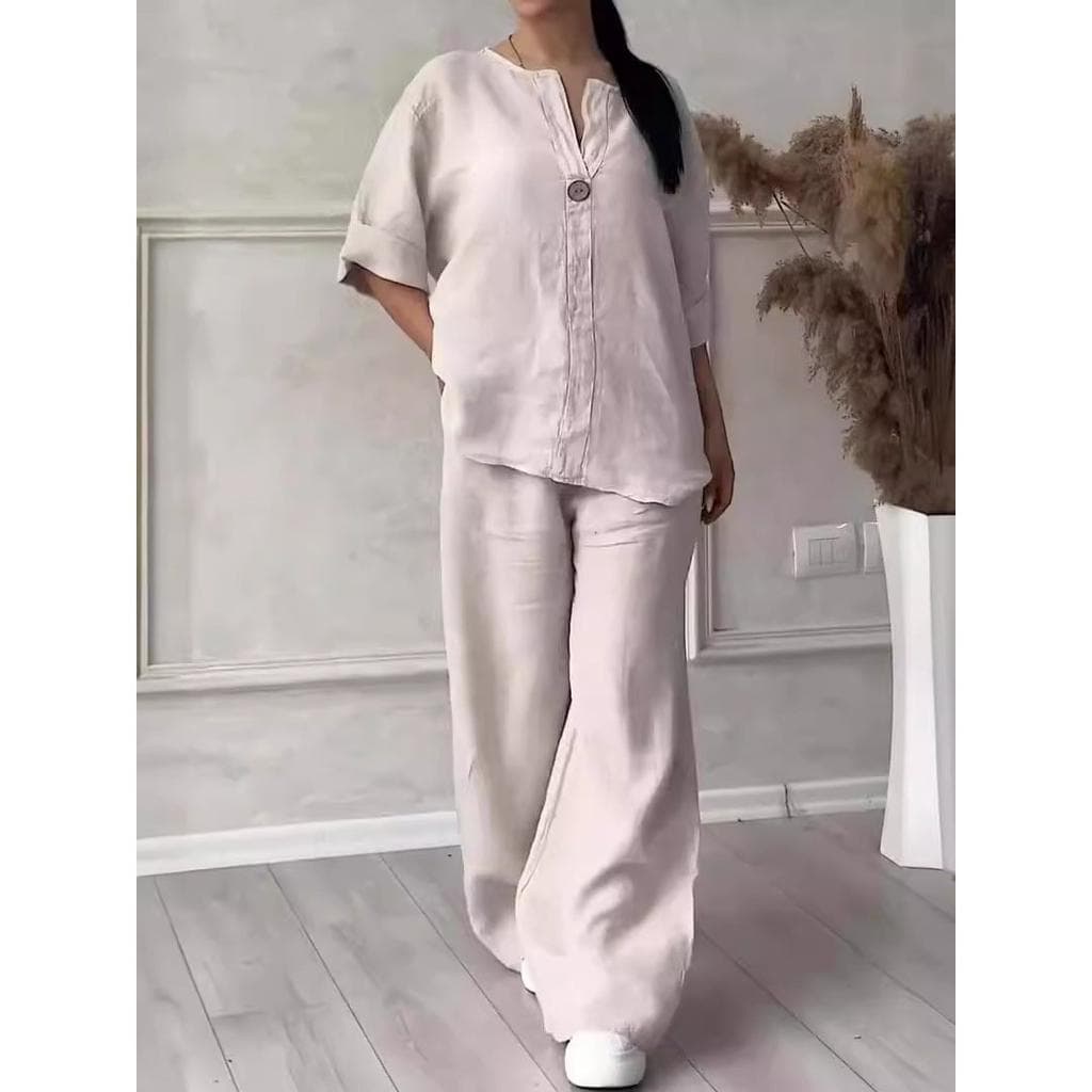 Fashionable European and American Women's Comfortable Loose Tops Wide-legged Pants Casual Cotton Linen Suit Plus Size 3XL beige