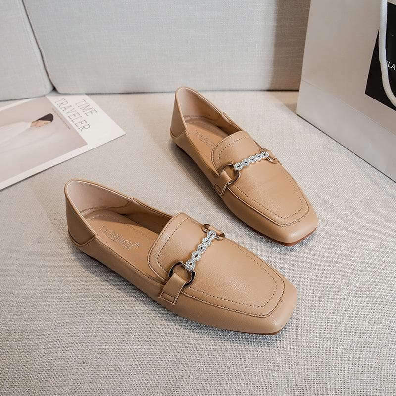 Japanese College Style Spring New Small Leather Shoes Women's Rhinestone Flat Bottom Square Toe Large Size Loafer Shoes Women 33 brown