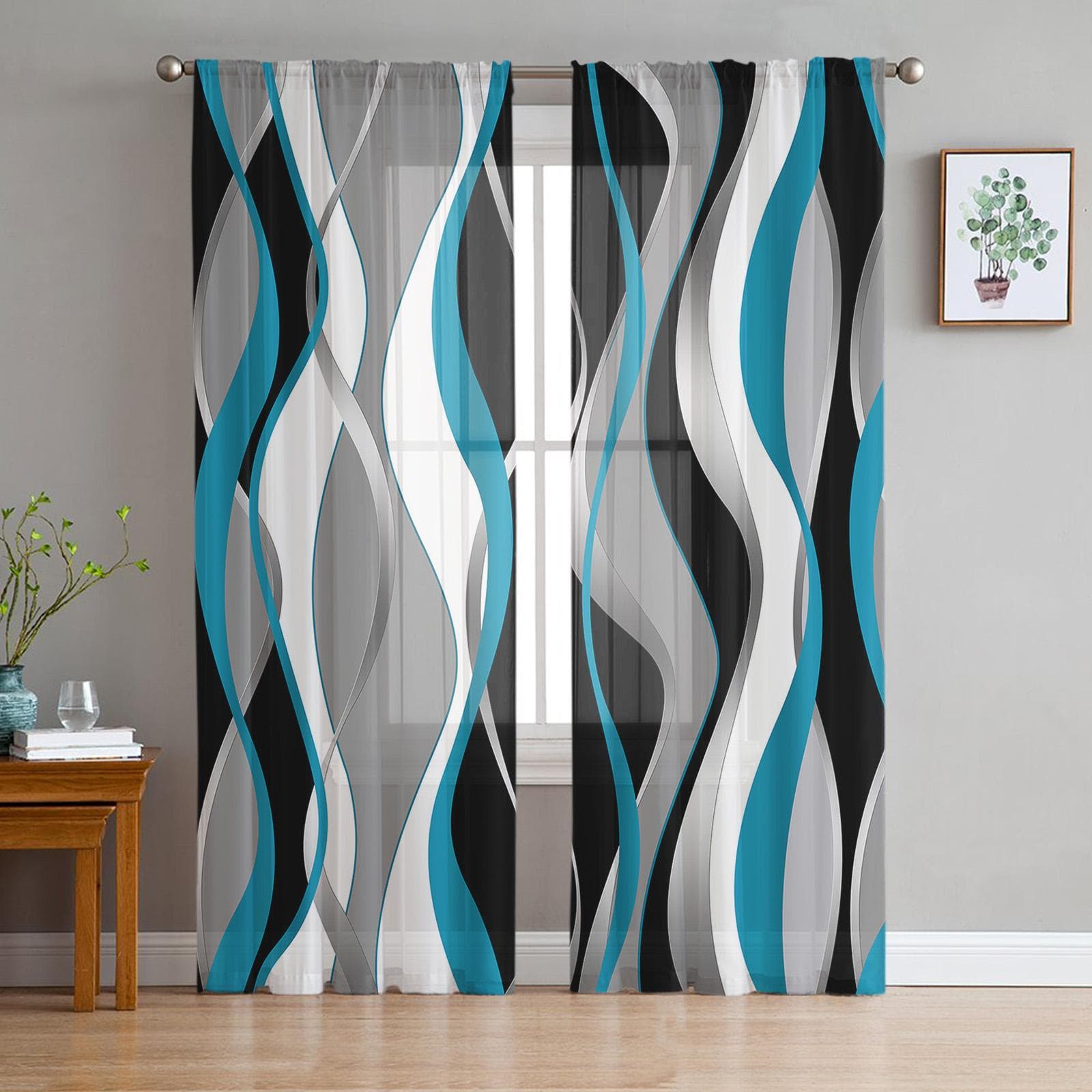 Dimensional Abstract Gradient Turquoise Voile Sheer Curtains Living Room Window Tulle Curtain Kitchen Bedroom Drapes Home Decor 135W x 114H(cm)