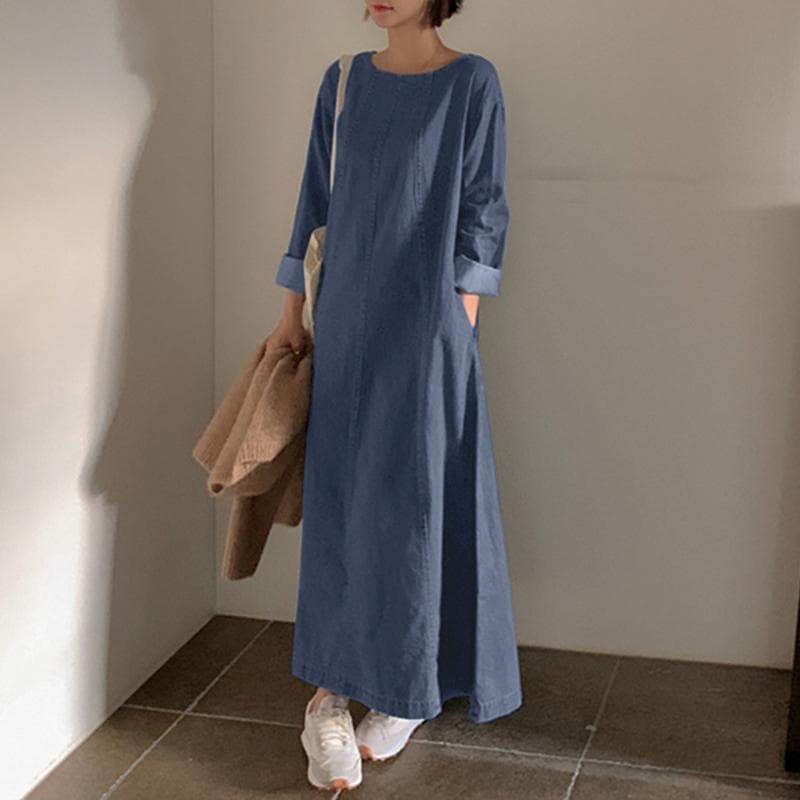 ZANZEA Women Retro Casual Blue Denim Long Sleeve O-neck Loose Long Dress XL dark blue