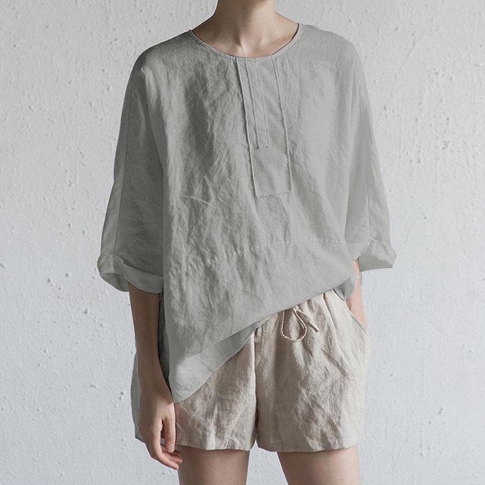 Vintage Women Summer Cotton Linen Blouse Solid Color O Neck Half Sleeve Split Hem Casual Pluse Size XLarge grey