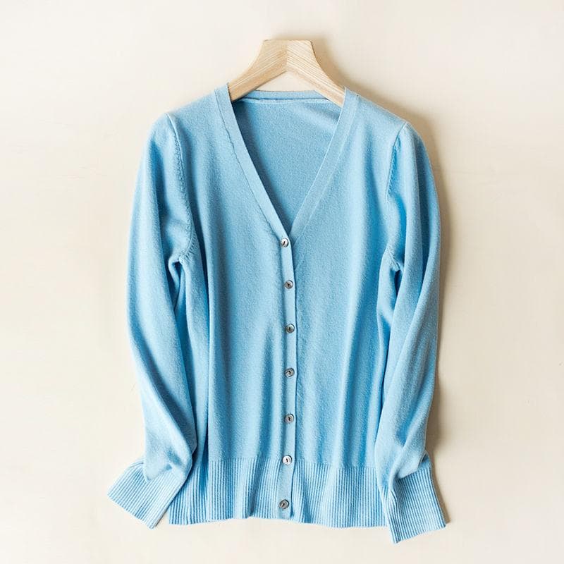 Women Cardigans Autumn Winter Single Breasted V-neck Knitted Sweater Fashion Short Knitwear Solid Jumpers S light blue