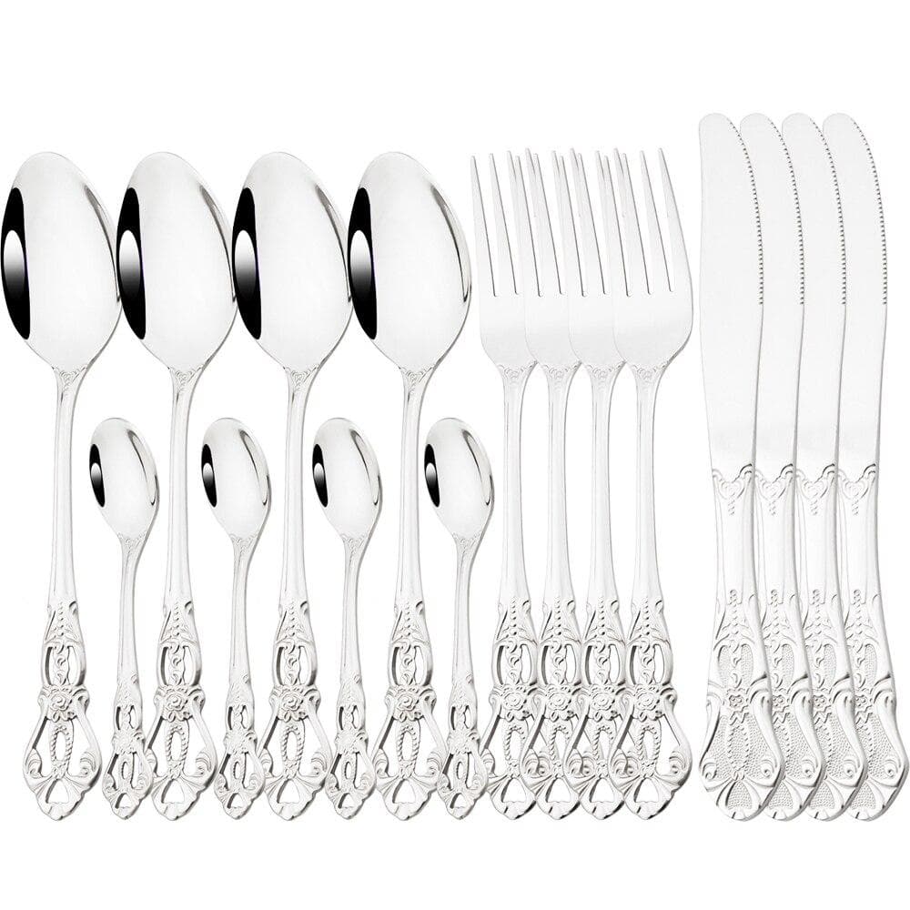 Stainless Steel Flatware Western Vintage 16pcs Dinnerware Set Royal Multicolor Knife Fork Tea Spoon Cutlery Tableware Set silver