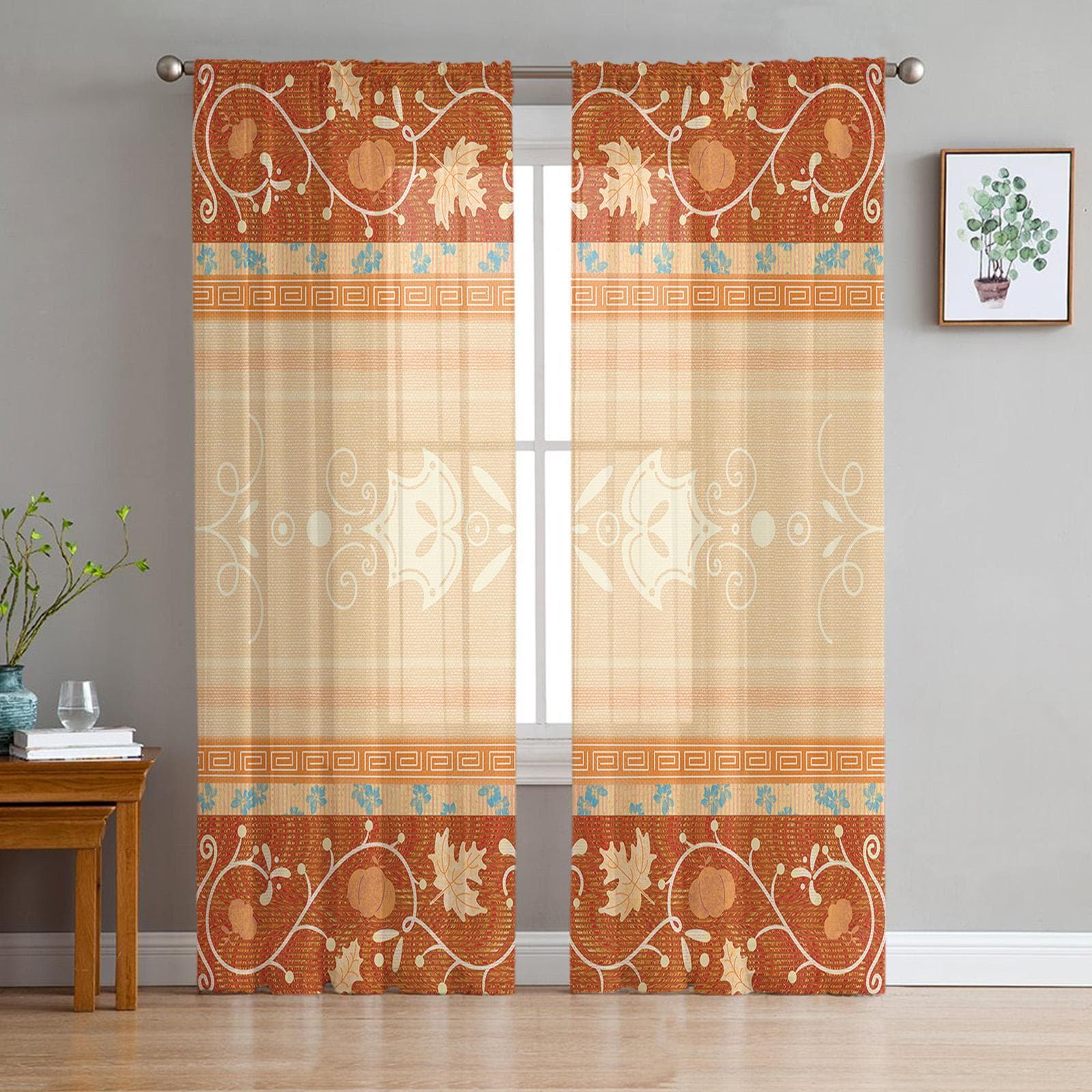 Boho Ethnic Pattern Maple Leaf Voile Sheer Curtains Living Room Window Chiffon Tulle Curtain Kitchen Bedroom Drapes Home Decor 135W x 114H(cm)