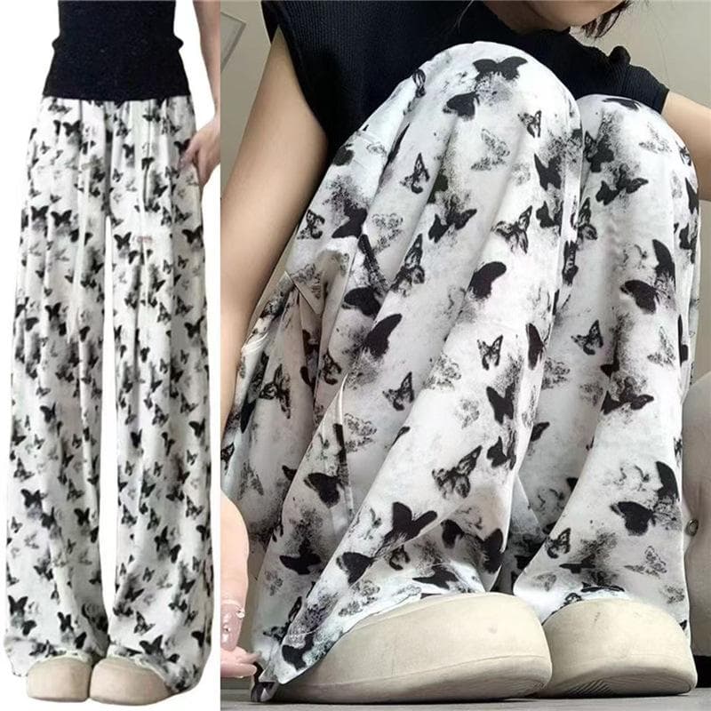 New Chinese-style Wide-leg Pants for Women In Summer Thin High-waist Butterfly Casual Pants Tied-dyeed Chinese Style Ice Silk Straight Trousers XXXL white