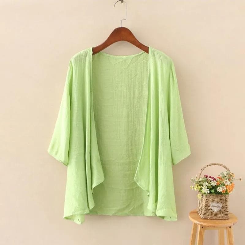 Solid Cotton Hemp Cardigans Women Summer Casual Long Sleeve Blouses Female Thin Tunic Tops Kimono Cape One Size light green