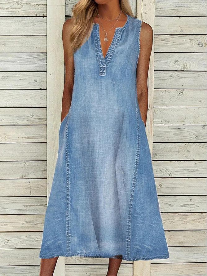2024 Summer Sleeveless V-Neck Loose Casual Denim Dress M blue