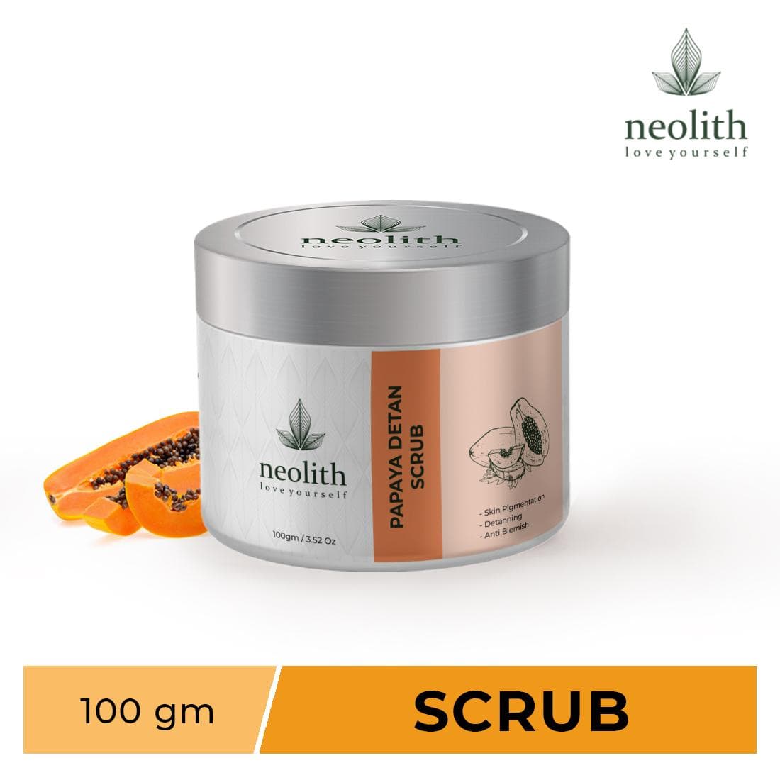 Neolith Papaya Detan Face & Body Scrub 100 gm | Tan removal, Deep cleansing, Revitalizing | Organic, Paraben & SLS Free 100 GM orange