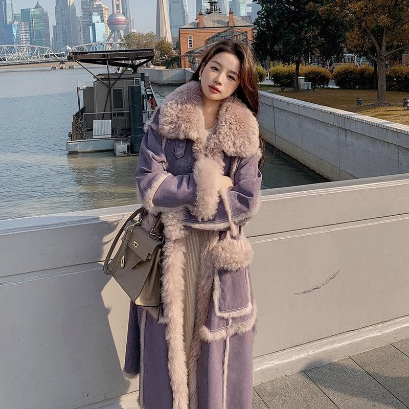Winter New Purple Coat Cotton Coat Women's Korean Version Long Woolen Coat XL