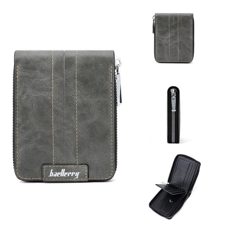 Baellerry RFID Protection Card Holder for Men Business Short Wallets Artificial Leather Zipper Purse Wallet 12*9.5*2.5cm gray