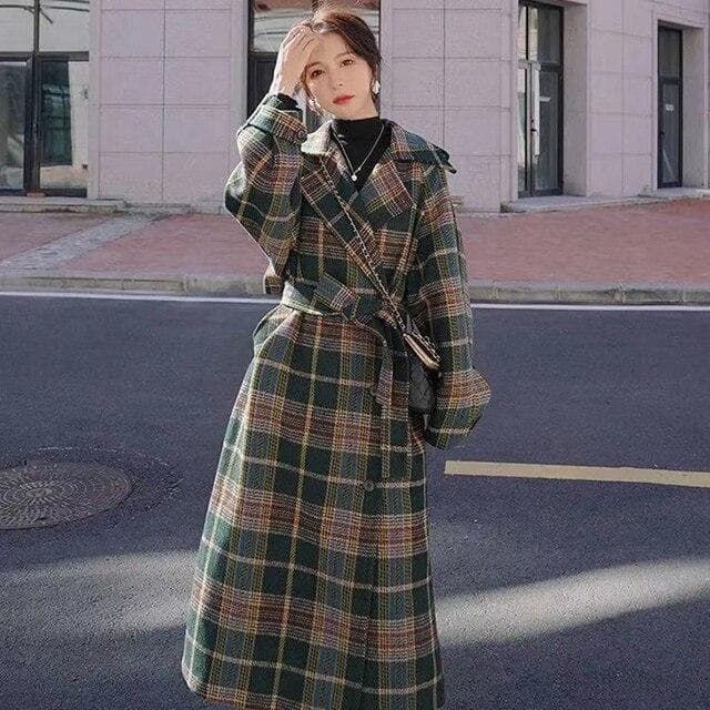 Women Coat Outerwear Winter Clothing Fashion Warm Woolen Blends Female X Long Elegant Double Breasted Woolen Coat Plaid L green
