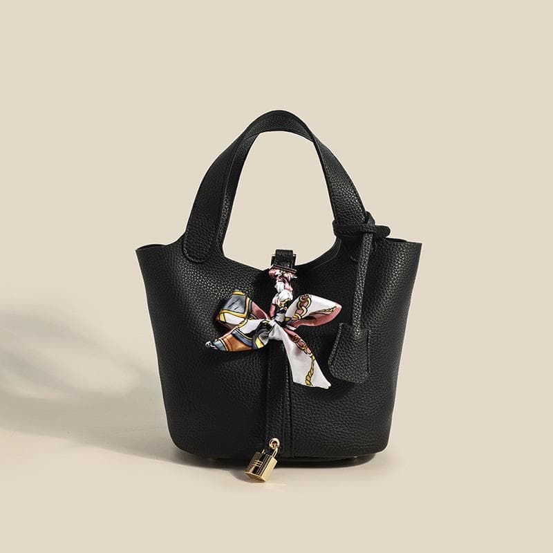 Spring Woman Bag Commuting Fashion Bucket Bag Solid Color Basket Bag Silk Scarf Pendant Handbag black