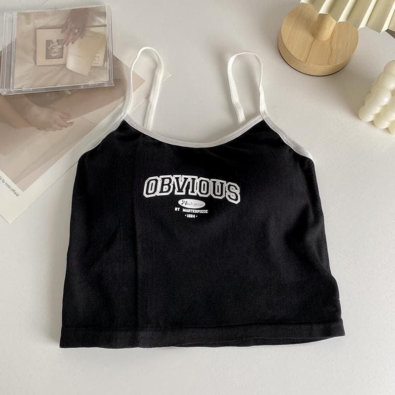 Women With Padded Bra Crop Tops O-neck Solid Crop Tops 2023 Summer Letter Printing Tops Spaghetti Camisole one size black