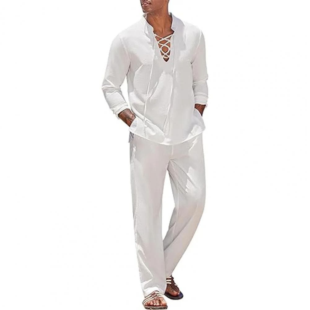 2Pcs/Set Men Casual Outfit Stand Collar V-Neck Lace-up Long Sleeve Tops Solid Color Loose Fit Long Pants Set M white