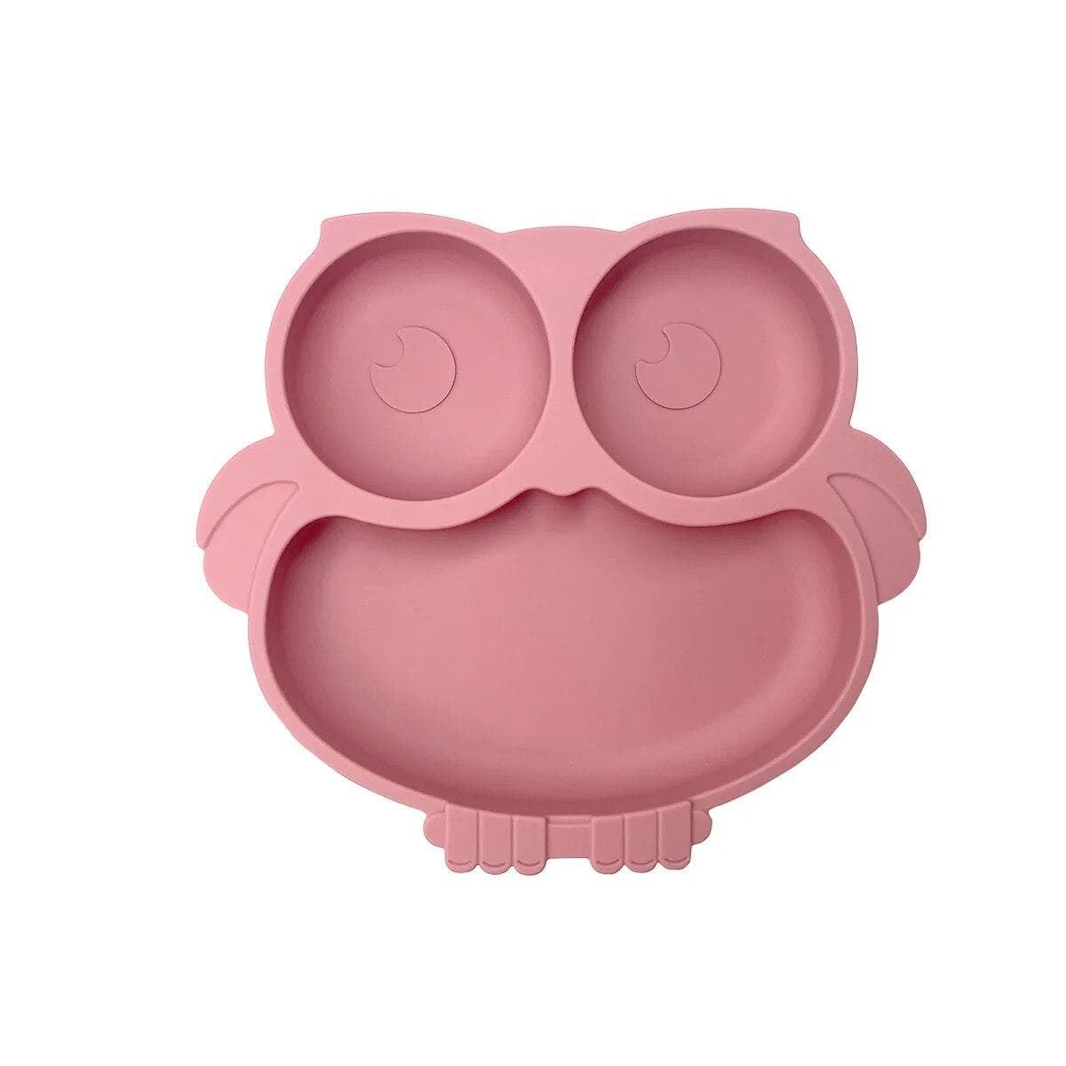 BPA Free Cute Owl Children Dishes Suction Plates Silicone Baby Dining Plate for Toddlers Baby Training Feeding Sucker Bowl dark pink