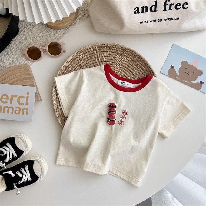 Cotton Children's Short-sleeved T-shirt Thin Summer Fun Pattern Boys and Girls In Small Children Round Neck Tops 80cm white
