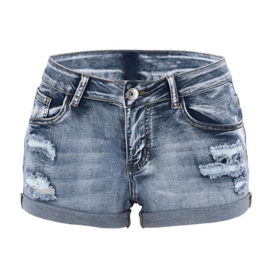 Yousheng Ripped Denim Shorts for Women Mid Waist Rolled Cuff Stretchy Jeans Shorts Summer Distressed Short Pants with Pockets S light blue