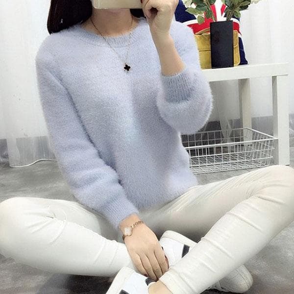 Autumn and Winter Round Neck Short Top Loose Pullover Solid Color Long-haired Sweater Thick Mohair Bottoming Shirt L