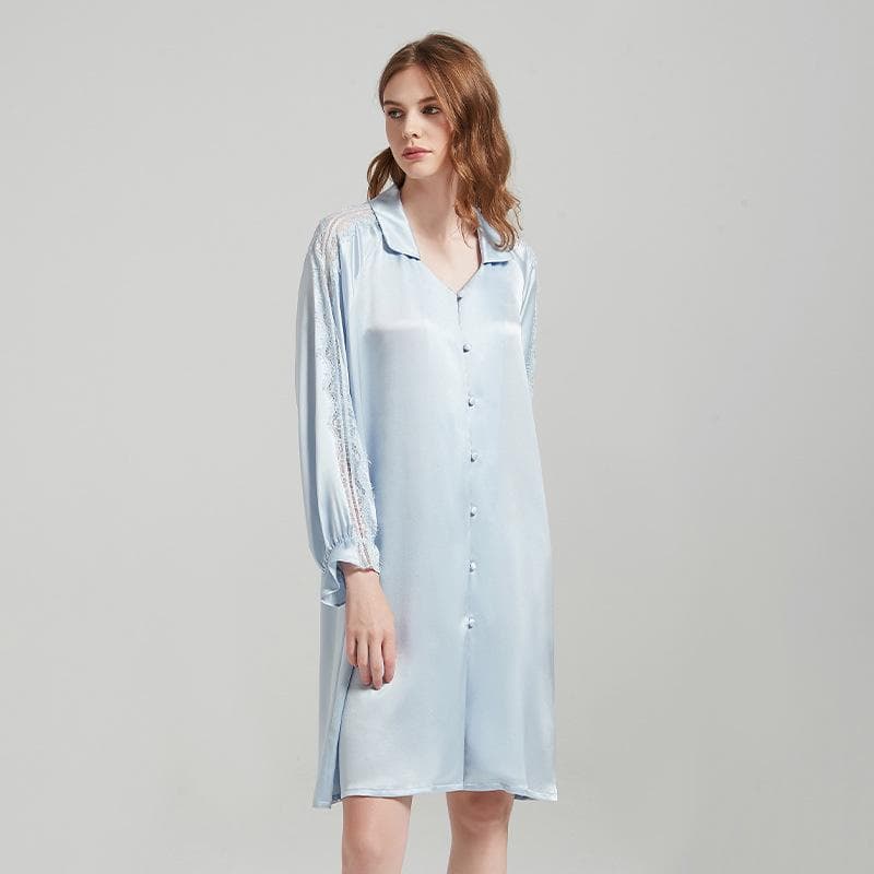 Mulberry Silk Shirt Dress, Silk Nightgown, Lace Splicing Pajamas, Elegant Thin Cardigan Pajamas, Casual Pajamas XL