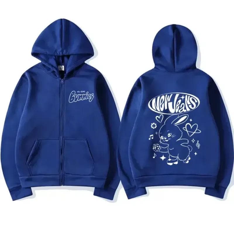 Korean NewJeans Bunny Kawaii Graphic Zip Up Hoodies Fashion Kpop Style Cute Hoodie Men Women's Casual Jackets Zipper Sweatshirts L