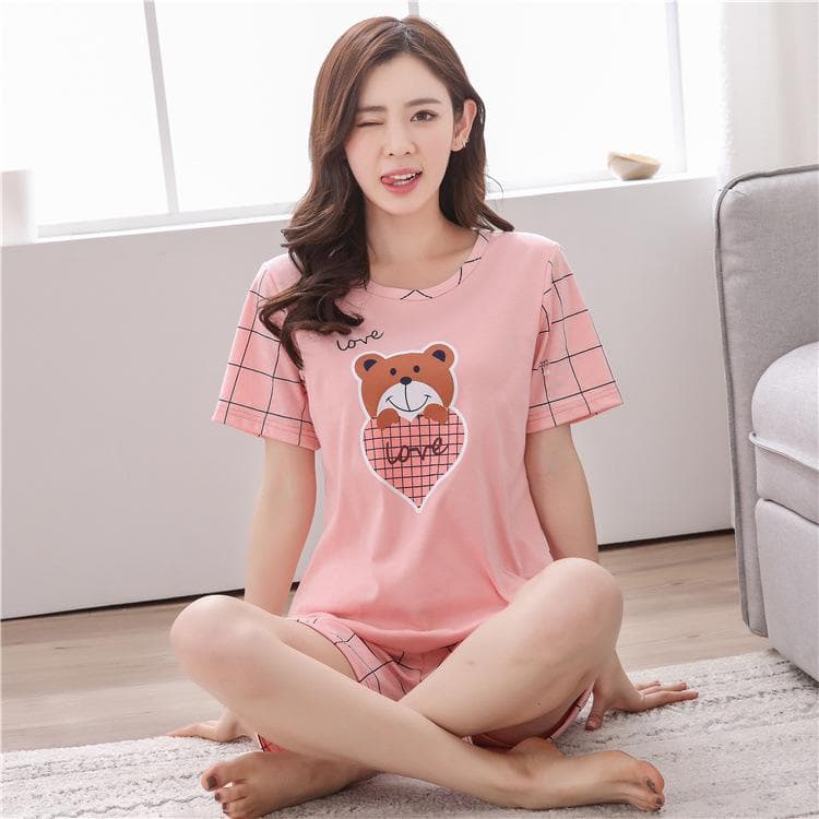 2Pcs/Set Cartoon Animal Women Sleepwear Short Sleeve Top Shorts Pajamas Set M