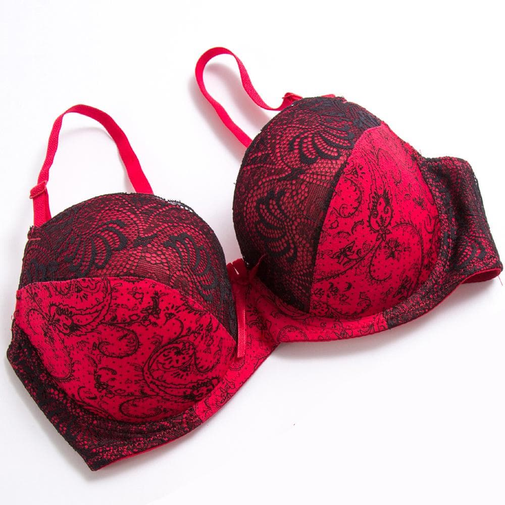 Lace Bras For Women Plus Size Bra Print Floral Plunge Bralette Sexy Lingerie Underwire Brassiere BH 42DD red