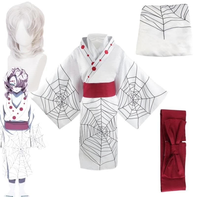 New Anime Demon Slayer Kimetsu No Yaiba Spider Oni Ayaki Rui Cosplay Unisex Kimono Full Set Halloween Carnival Costumes XL-(Costume+Wig)
