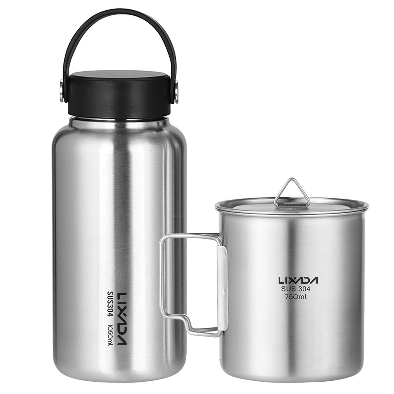 LIXADA 1050ml Stainless Steel Water Bottle Leak Proof Sports Bottle with 750ml Hanging Pot for Bottle & Water Cup
