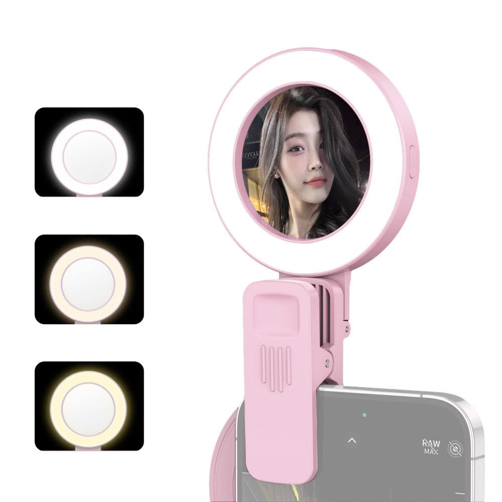 Clip-on Selfie Ring Light for Phone with Selfie Mirror 3 Light Modes 3 Levels Brightness 180 degrees pink