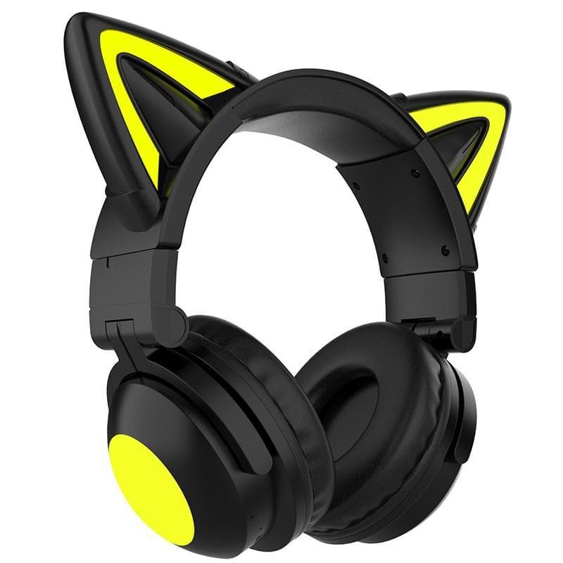Foldable Head-mounted Cat Ear LED Glowing Gaming Headset Heavy Bass Bluetooth 5.0 Earphones True Wireless Headphone with Microphone black