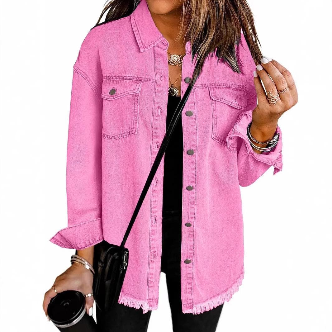 New Washed Denim Shirt Jacket for Women, European and American Personality Street Style Edging Hem Jacket for Women 3XL
