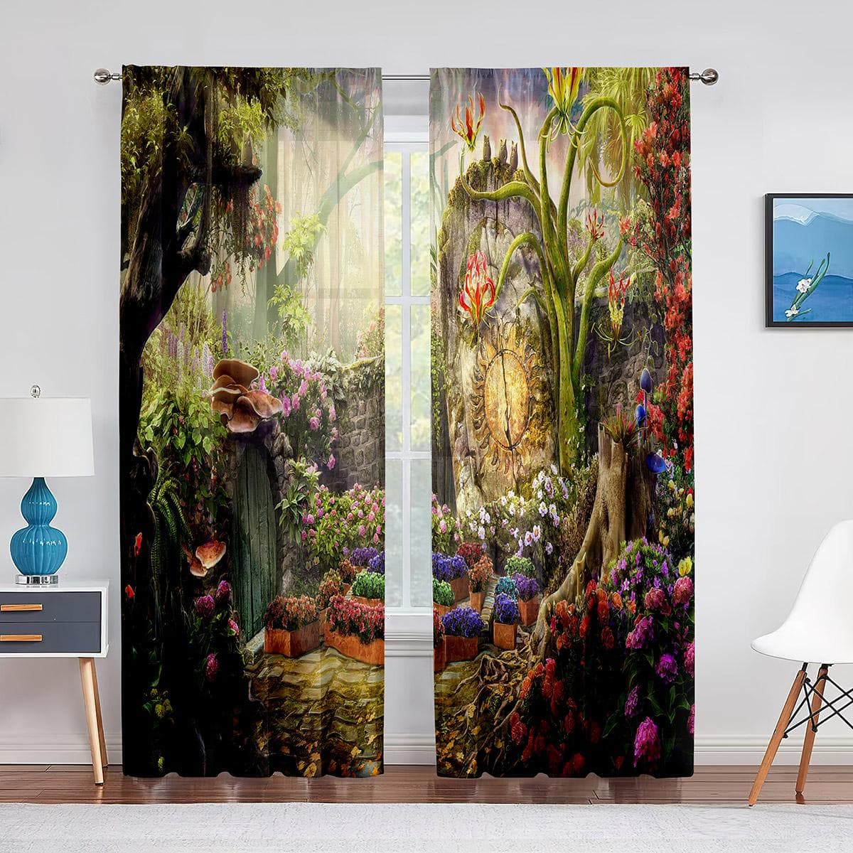 Fantasy Forest Fairy Elven Kingdom Elf Tree House Sheer Voile Curtain for Living Room Bedroom Decor Kitchen Window Tulle Curtain 1 PCS W250XH250cm&Grommet Top