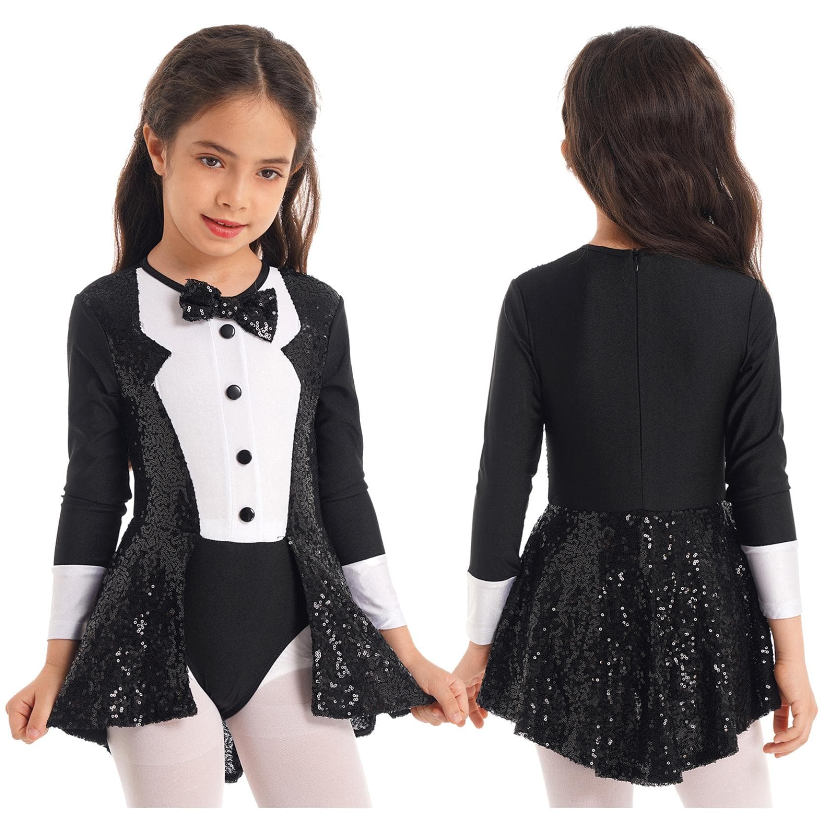 Kids Girls Long Sleeve Ballroom Latin Jazz Ballet Dance Dress Bow Tie Sequins Decor Leotard Dancewear Cosplay Costume 12-14 Years black