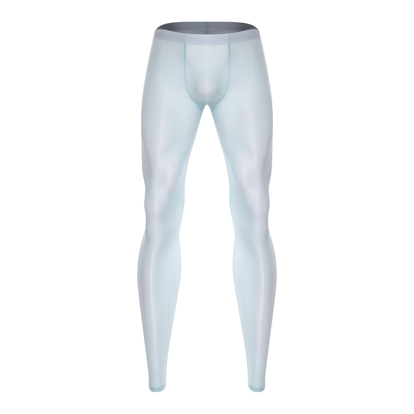 Mens Silky Workout Leggings Ultra Thin Stretch Fabric Bulge Pouch Elastic Waistband See Through Yoga Gym Pants M sky blue