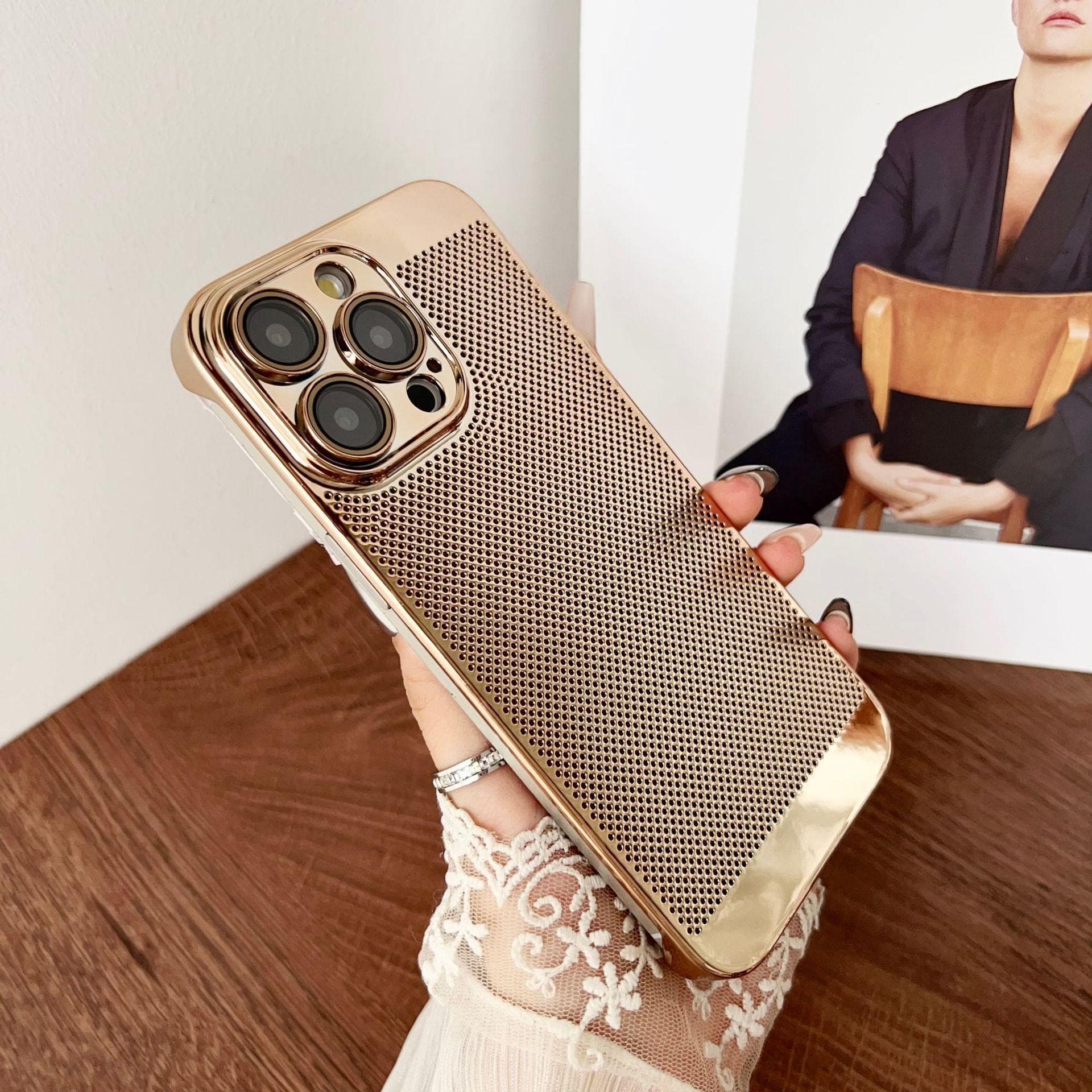 Applicable To IPhone 16 Mobile Phone Case Without Frame Hollow Plating Mesh Cooling Apple 15 Full-cover Lens Protection Case iPhone13