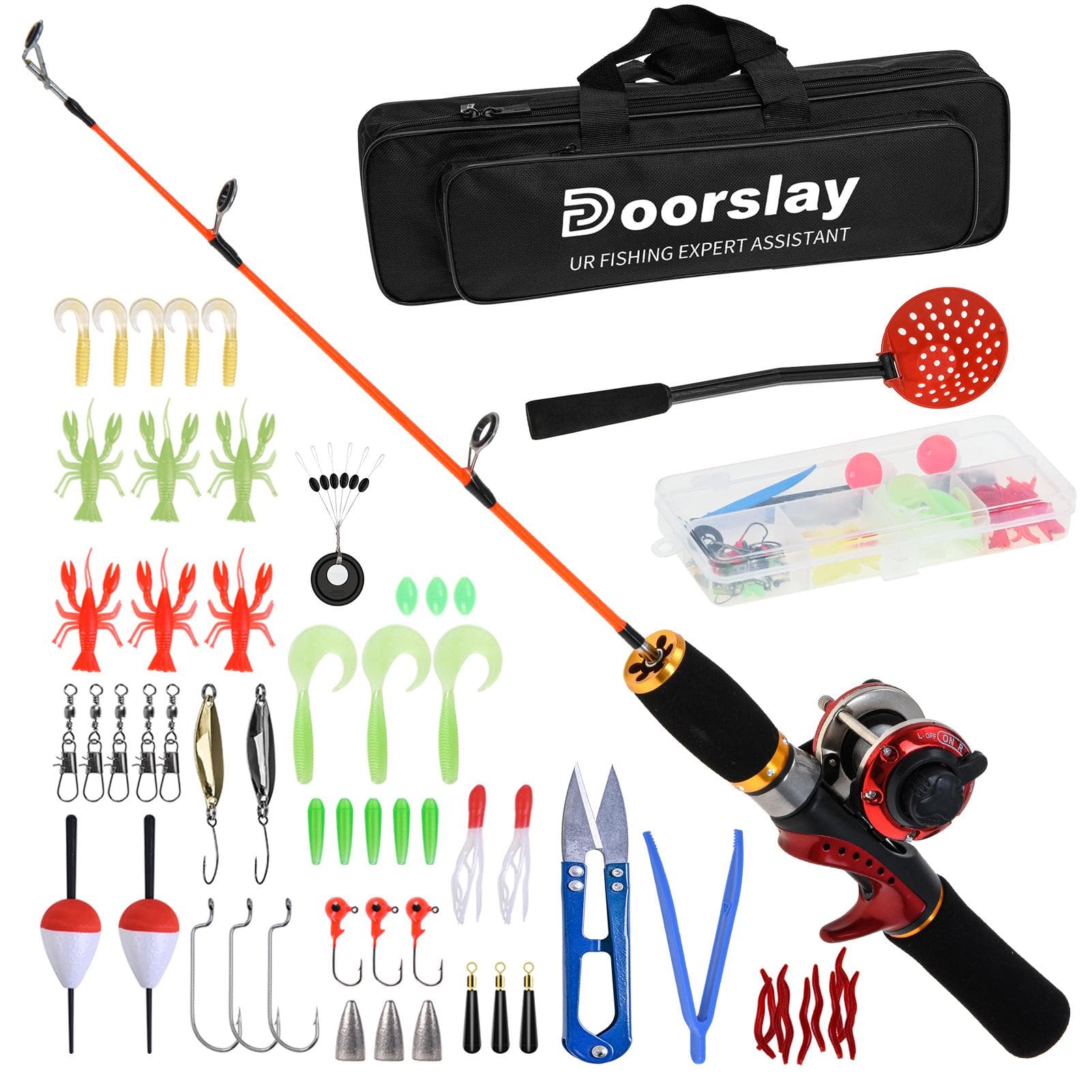 Doorslay Ice Fishing Rod Reel Combo Complete Kit with Ice Skimmer Scoop and Carry Bag Lures Hooks black