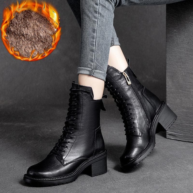 Johnature Winter Boots Genuine Leather Women Shoes Plush Warm Round Toe Handmade Zip Leisure Sewing Platform Boots 39-Plush black